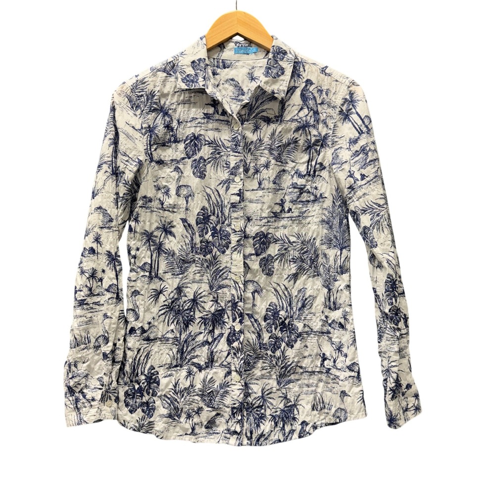 J McLaughlin Blouse Button Up Womens XS Toile Tropical White Blue Seersucker Top